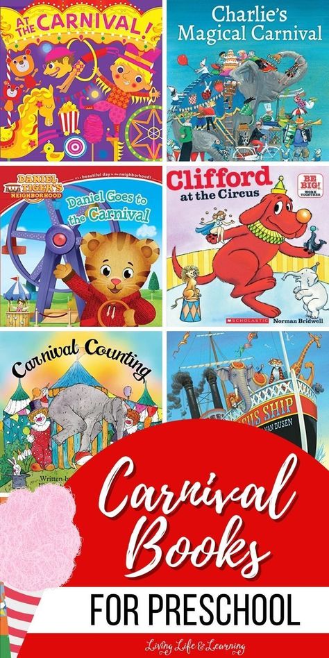 These Carnival Books for Preschool are perfect for curious little minds   who love vibrant illustrations, engaging stories, and learning about the   magic of carnivals. So, get ready to embark on a colorful journey with   your kiddos and create cherished memories together. Perfect addition to   your homeschool summer activities. Carnival Lesson Plans Preschool, Carnival Language Activities, Carnival Theme Book Fair, Circus Theme Books, Face Painting Halloween Kids, Scratch Paper Art, The Circus Train Book, Chemistry For Kids, Kids Stem Activities