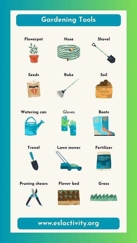 Check out the list of the most essential gardening tools names in English. We have pictures and explanations to help your understanding. Toefl Vocabulary, English Language Learning Activities, Esl Writing, Ielts Vocabulary, Gardening Tools Names, Esl Reading, Teaching Esl, Esl Vocabulary, Confusing Words