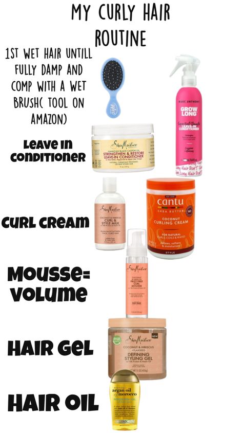 Shea moisture leave in conditioner, curl cream, mousse, and hair gel. Marc & Anthony grow long detangler and leave in conditioner spray. Cantu coconut curl cream. OGX argon oil Shea Moisture Leave In Conditioner, Marc Anthony Grow Long, Curl Tips, Leave In Conditioner Spray, 3a Curls, Argon Oil, Braided Hair Tutorial, Shea Moisture, Curl Styles