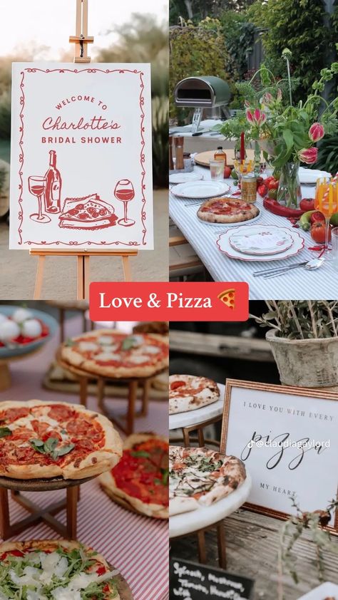 Pizza Wedding Shower Theme, Bridal Shower Ideas Italian Theme, Bridal Shower Pasta Bar, Pizza Party Cake Ideas, Bridal Shower Food Set Up, That's Amore Theme Party Ideas, Italian Pizza Party Decorations, Pizza And Brews Before I Do, Pizza Bridal Shower Ideas