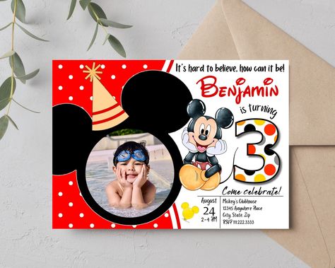 "Description: Editable 7x5\" Mickey Mouse Birthday Invitation. Easy to edit and add your child's photo!  DIY (do it yourself) Canva invitation template. Important: 3rd birthday ONLY! Name and address details are editable. Background graphics are not editable -see listing photos for more information!  This is an instant download, and no physical item will be mailed.   Please read the entire listing description for information about this listing. ✨This is a digital Instant download. No physical item will be mailed. ✨Editable 7x5\" Birthday Invitation. Once this is purchased, you will have instant lifetime access to your birthday invitation! Download the link upon purchase. ✨Instructions for editing your birthday invitation: 👉Download is available once payment is confirmed, Download and foll Mickey Mouse 3rd Birthday Invitations, 3rd Mickey Mouse Birthday, Mickey Third Birthday, Mickey Mouse Invitations 1st Birthday, Mickey Mouse 3rd Birthday Boy, Mickey 3rd Birthday, Mickey Mouse Invitation Template, Mickey Themed Birthday, Mickey Mouse Birthday Invitation