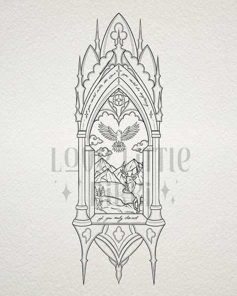 Absolutely massive design for the lovely Nicole 🌲🦌 this may be a new favorite, I’m absolutely obsessed! She wanted a scene looking through a cathedral window into the lands of Terrassen ✨ thank you so much for trusting me with this stunning piece! Swipe to check out some details 🦅 #throneofglass #sarahjmaas #tattooinspiration Chapel Window Tattoo, Windows Art Drawing, Broken Window Serenade Tat, Cathedral Window Tattoo, Stained Glass Window Tattoo, Gothic Windows Tattoo, Cathedral Tattoo, Arches Design, Book Inspired Tattoos