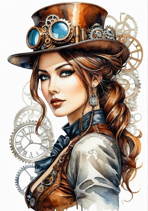 Steam Punk Tattoos, Steampunk Drawing Characters, Vintage Lady Illustration, Punk Girl Drawing, Steampunk Art Illustration, Steampunk Portrait, Steampunk Art Drawing, Steam Punk Art, Fantastic Drawing