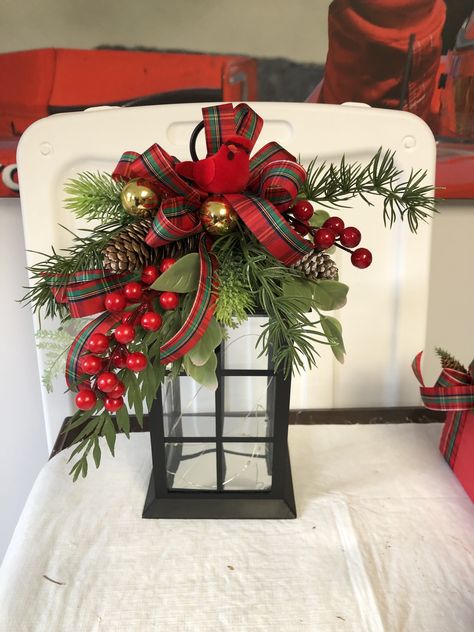 Christmas Decorated Lanterns Ideas, Christmas Wreaths With Lanterns, Christmas Wreath With Lantern, Lantern Christmas Decor Ideas, Christmas Candle Lantern, Christmas Wood Lantern Ideas, Dollar Tree Ornament Wreath, Christmas Wreath Dollar Tree, Dollar Tree Wreath Diy