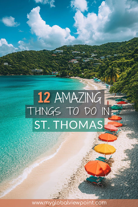 A pristine beach in St. Thomas, US Virgin Islands, featuring crystal-clear turquoise waters, soft white sand, and a row of colorful beach umbrellas lining the shore, with lush green hills in the background. What To Do In St Thomas Virgin Islands, St Thomas Virgin Islands Resorts, St Thomas Virgin Islands Itinerary, At Thomas Virgin Islands, Packing For St Thomas Us Virgin Islands, St Thomas Things To Do, St John Virgin Islands Aesthetic, Things To Do In St John Virgin Islands, Water Island St Thomas