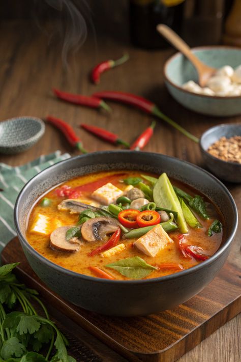 10-Minute Prep for Tom Yum Vegan Thai Soup Tom Yum Soup Recipe Vegetarian, Tom Yum Soup Vegetarian, Vegan Thai Recipes, Vegan Tom Yum Soup, Vegan Tom Yum, Spicy Thai Soup, Tom Yam Soup, Tom Yum Soup Recipe, Thai Tom Yum Soup