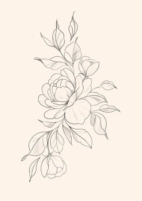 Peony Leg Tattoo, Peony Outline Tattoo, Floral Tattoo Design Drawings, Small Peony Tattoo, Peony Flower Tattoo Design, Fineline Floral Tattoo, Tattoo Designs Skull, Tattoo Designs Floral, Tattoo Designs Black And White