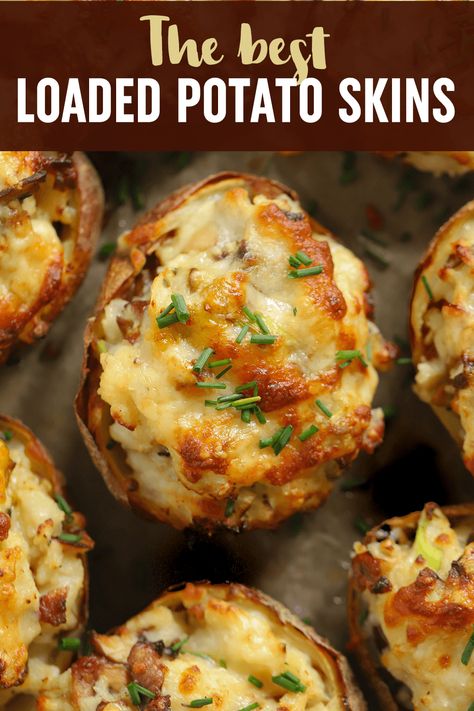 These Best EVER Loaded Potato Skins stuffed with crispy bacon and cheese are the perfect easy comfort food. Melting cheesy goodness baked in a jacket potato. They are a little lighter than usual as oven baked, not fried. #tamingtwins #potatoskins #loadedpotatoes #potatorecipes #gameday #appetizers Loaded Potato Skins Recipe, Jacket Potato Recipe, Loaded Potato Skins, Baked Potato Skins, Potatoe Skins Recipe, Bacon And Cheese, Potato Skin, Jacket Potato, Loaded Potato