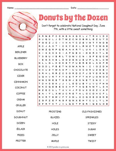 Free Printable Donut Word Search National Donut Day Activities, June Word Search, Word Puzzles For Kids, National Doughnut Day, Free Word Search Puzzles, Kids Word Search, Free Printable Word Searches, Puzzle Worksheet, Free Word Search