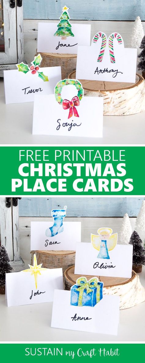 Beautiful free printable Christmas place cards for your holiday tablescape! Red and green candy canes, holly, wreath and tree place card printables | Blue and gold watercolor name card designs #Christmastablescape #Christmasplacecards #holidaydecorating via @sustainmycrafth Printable Christmas Place Cards, Green Candy Canes, Printable Place Cards, Christmas Place Cards, Christmas Place, Nails Green, Green Candy, Red Christmas Tree, Holiday Tablescapes