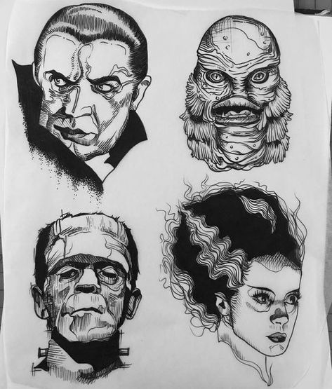 Dracula Tattoo Design, Frankenstein Tattoo Design, Horror Sibling Tattoos, Traditional Bride Of Frankenstein Tattoo, Bride Of Frankenstein Tattoo Traditional, Frankenstein Tattoo Traditional, Frankenstein And Bride Tattoo, Bride Of Frankenstein Tattoo, Monster Drawings