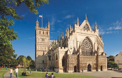 Exterior of the Exeter Cathedral of Devon, England The Pillars Of The Earth, Pillars Of The Earth, Exeter Cathedral, Landmark Poster, Exeter Devon, Antique Architecture, Earth Book, Gothic Buildings, Portfolio Project