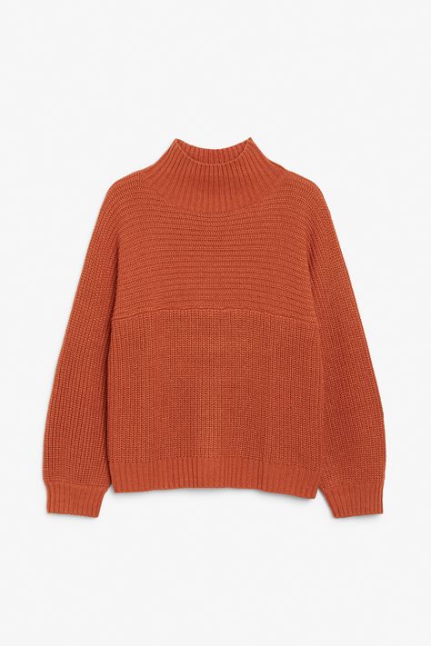 Vertical knit sweater - Burnt orange - Knitwear - Monki FI Orange Jumpers, Yellow Jumper, Burnt Orange Sweater, Classic Turtleneck, Chunky Cable Knit, Orange Sweaters, Grey Knit Sweater, Rust Orange, Yellow Sweater