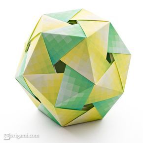 Name:	Origami Dodecahedron Designer:	Tomoko Fuse Units:	30 Paper ratio:	square Assembled with:	no glue Paper size:	7.5 cm Model size:	~ 8.5 cm Paper:	Harmony paper (Grimmhobby, Japan) Diagram:	Unit Origami Wonderland by Tomoko Fuse, p. 58 Origami Pig, Origami Diamond, Origami Paper Folding, Platonic Solids, Origami Diagrams, Geometric Origami, Origami Ball, Origami And Kirigami, Origami Love