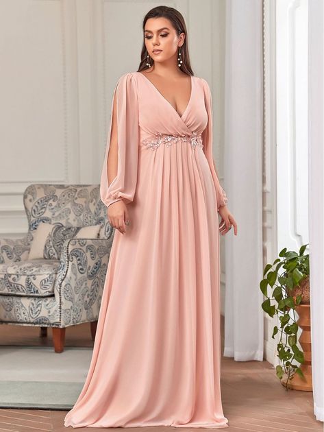 EVER-PRETTY Plus Lantern Sleeve Flower Embroidered Applique Chiffon Bridesmaid Dress | SHEIN UK Plus Size Formal, Formal Evening Dresses, Lantern Sleeves, Evening Dress, Evening Dresses, Chiffon, Plus Size, Long Sleeve, Pink