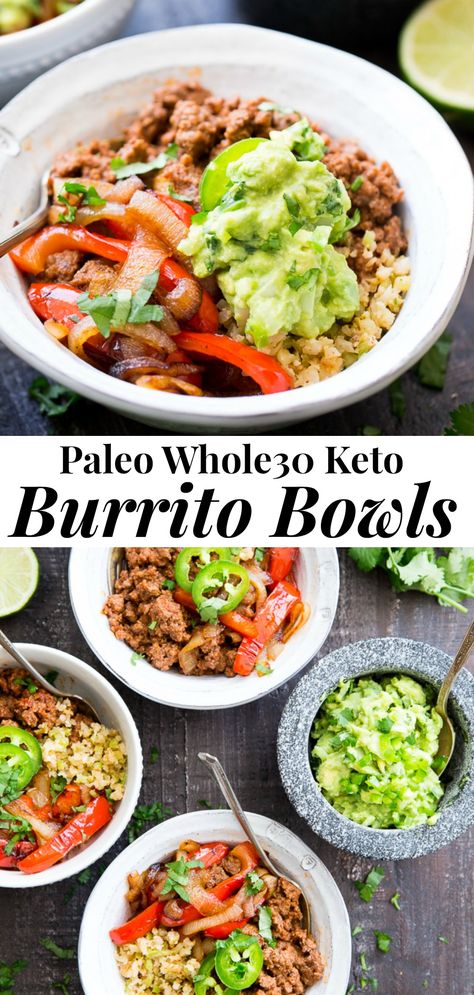 These easy, filling, totally satisfying Paleo Burrito Bowls are packed with spicy seasoned ground beef, sautéed peppers and onions, cauliflower rice and a quick guacamole.  Served over fried cauliflower rice with a kick for maximum flavor!   They're family approved, Whole30 compliant and keto friendly too! #burrito #paleo #whole30 #keto #lowcarb Paleo Burrito, Fried Cauliflower Rice, Quick Guacamole, Paleo Running Momma, Seasoned Ground Beef, Whole 30 Meal Plan, Whole30 Keto, Whole30 Dinners, Rice Recipes For Dinner