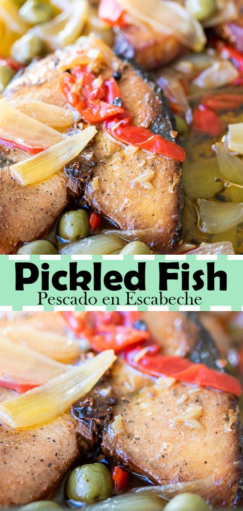 The sauce has a mild sweet vinegary taste which goes very well with kingfish and vegetables like cassava and unripe plantains. #food #fish #caribbean #puertorico #dinner #lunch #recipe #pickled Pickled Fish Recipe, Escabeche Recipe, Pickled Fish, Boricua Recipes, Food Fish, Lunch Recipe, Puerto Rican Recipes, Fish And Meat, Cuban Recipes