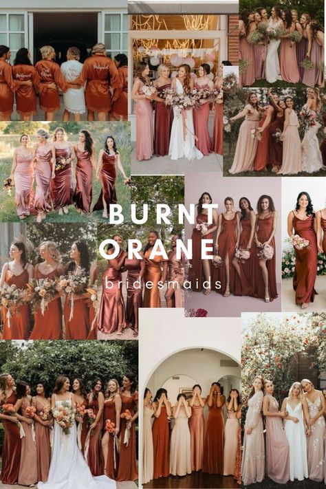 Bridesmaid Dresses Aesthetic, Sangria Wedding Colors, Burnt Orange Bridesmaid Dress, Orange Bridesmaid Dress, Burnt Orange Bridesmaid, Sangria Wedding, Bridesmaid Dress Inspiration, Orange Wedding Themes, Burnt Orange Bridesmaid Dresses