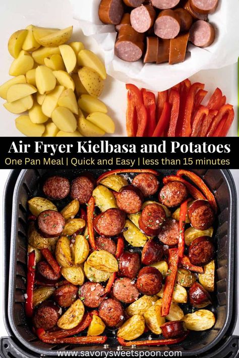 If you’re looking for a quick and easy weeknight dinner, Air Fryer Kielbasa with potatoes and peppers is the answer! From start to finish, it’s ready in less than 15 minutes using only 4 ingredients. Air Fryer Potatoes And Kielbasa, Air Fryer Recipes Kelbasa, Kielbasa And Potatoes Air Fryer, Polish Sausage Recipes Air Fryer, Gluten Free Kielbasa Recipes, Air Fryer Kielbasa Recipes, Keilbasa Recipes Air Fryer, Air Fryer Sausage And Potatoes, Air Fryer Sausage And Peppers