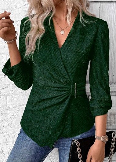 Navy Surplice Long Sleeve V Neck Shirt | modlily.com - USD 29.98 Elegant Dresses Plus Size, Plaid Tops, Cardigan Tops, Midi Dress Bodycon, Swim Dress, Plus Size Swimwear, Neck Shirt, Lace Tops, Shirt Sale