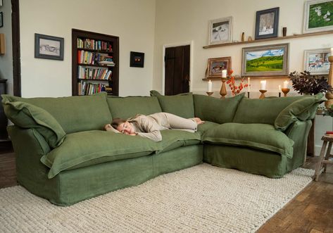 Linen Corner Sofa, Large Sectional Sofa, Room 2023, Footstool Ottoman, Large Sectional, Our Song, Green Couch, Green Furniture, Comfortable Furniture