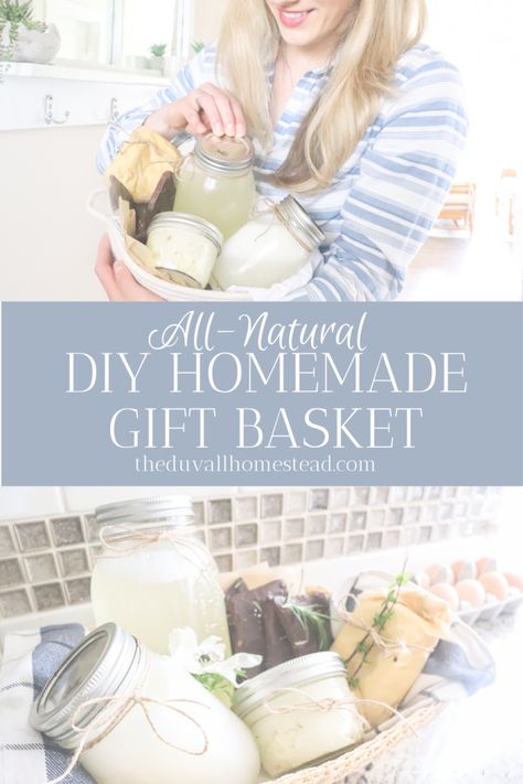 All-Natural Homemade Gift Basket - The Duvall Homestead Hospitality Gifts, Chicken Composting, Homemaker Gifts, Owning Land, Diy Chocolate Gift, Sourdough Einkorn, Christmas Soap Gift, Homestead Farmhouse, Homemade Dish Soap