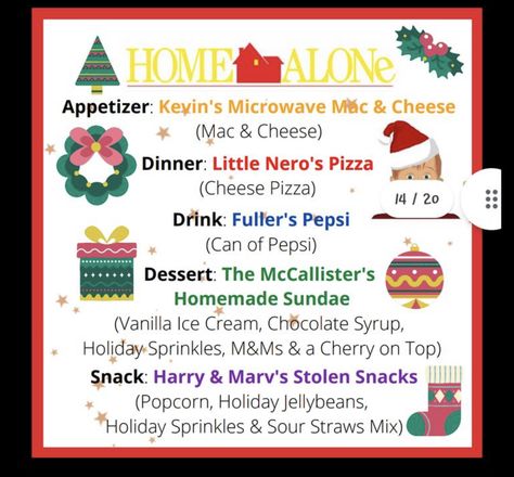 Christmas Movie Night Dinner Ideas, Food In Movies, Coco Food Ideas, Christmas Movie Dinner Ideas For Kids, Christmas Vacation Movie Food Ideas, Holiday Movie Night Snacks, Themed Food Nights, Home Alone Food Ideas, Christmas Movie Snack Ideas