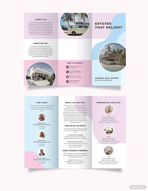 Download this Sample Summer Vacation Rental Tri-Fold Brochure Template Design - Free Image, Photo, Google Docs, Illustrator, Vector, InDesign, Word, Apple Pages, PSD, Publisher Format Tri Fold Brochure Template, Leaflet Layout, Certificate Layout, Brochure Folds, Event Brochure, Brochure Examples, Brochure Psd, Brochure Inspiration, Trifold Brochure Design