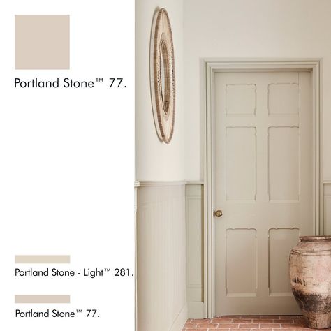 Little Greene’s Instagram profile post: “‘Portland Stone’ is a much loved putty colour, warm and earthy with bags of character. Swipe to browse our colour combinations.…” Interior Door Color, French Provincial Decor, Hall Painting, Color Combinations Home, Door Signage, Painted Staircases, Hallway Colours, Portland Stone, Kitchen Walls