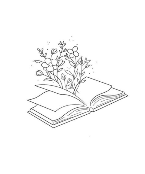 Book Flower Drawing, Book With Flowers Tattoo Simple, Book One Line Drawing, Books With Flowers Tattoo, Book Tattoo Stencil, Book Outline Drawing, Fine Line Compass Tattoo, Book And Flower Tattoo, Bookish Graphics