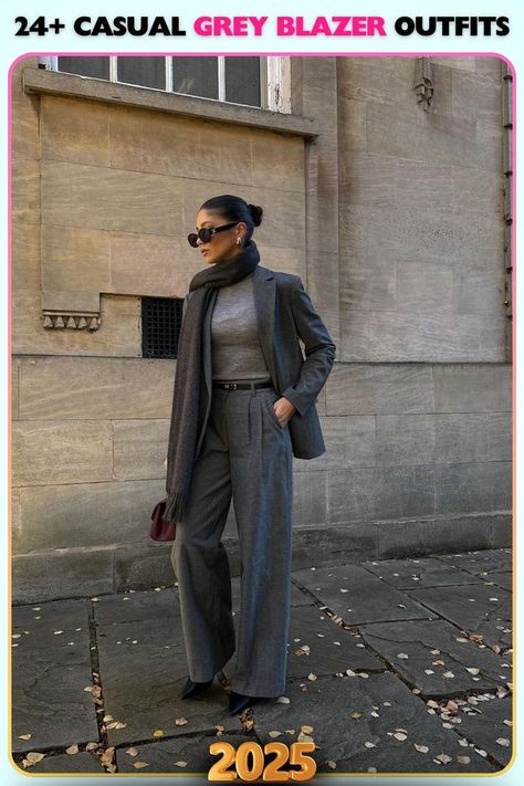 Monochrome grey blazer outfit with tailored pants and a scarf feels polished and professional. A versatile look for semi-formal meetings or transitional weather. Blazer Outfit Ideas For Women, Grey Blazer Outfit, Blazer Outfit Ideas, Outfit Grey, Outfit Ideas For Women, Blazer Outfit, Grey Trousers, Grey Outfit, Weekend Plans