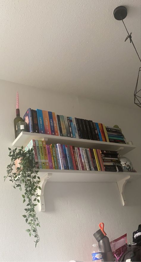 Small Wall Library, Bookshelf Above Bed Aesthetic, Bookshelves On Wall Small Spaces, Book Shelves Above Bed, Wall Mounted Book Shelf Ideas, Books Above Bed, Wall Bookshelves Aesthetic, Floating Bookshelves Aesthetic, Book Shelf Above Bed