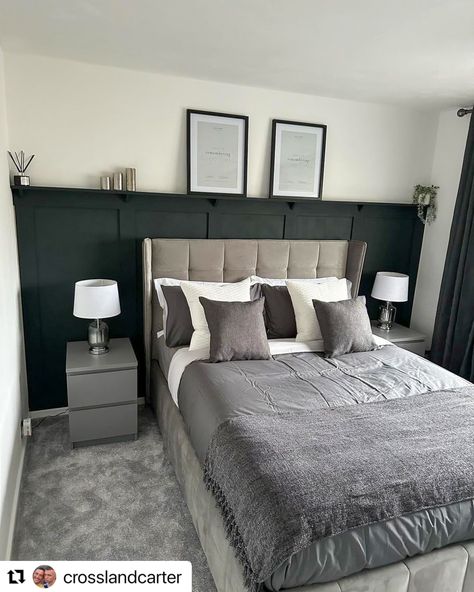 Transformation Tuesday vibes! Today, we're in awe of this stunning bedroom makeover by @crosslandcarter 🔥The custom height panelling in a bold black hue adds depth and sophistication, while the picture shelf creates a cosy and personalised touch. Swipe to see the before! Bedroom Panelling Grey Bed, Black Panelled Bedroom, Black Bedroom Panelling, Black Paneling Bedroom, Bedroom Panelling With Shelf, Panelled Walls Bedroom Ideas, Panelling With Shelf, Bedroom Panelling, Tuesday Vibes