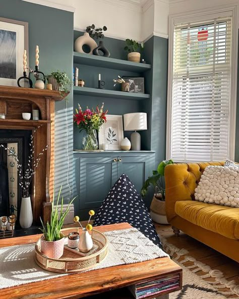 1930s Living Room, 1930s House Interior, Brick Living Room, Bold Living Room, Finish Work, Blue Living Room Decor, Living Room Decor Fireplace, Colourful Living Room, Take A Photo