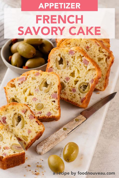 This French savory cake is filled with scrumptious, savory ingredients: salty ham, aged cheese, and briny olives. A must for a francophile happy hour! Savory Cake, Savory Cupcakes, French Appetizers, Comte Cheese, Appetizer Platter, Cake Recipes At Home, Aged Cheese, Olive Recipes, Appetizer Platters