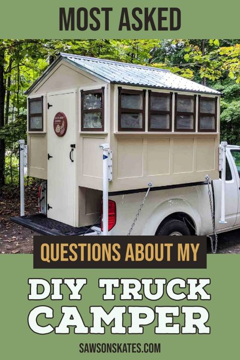 I'm answering the most-asked questions about my DIY truck camper! Diy Truck Camper, Truck Bed Date, Homemade Camper, Camper Diy, Small Pickups, Truck Bed Storage, Diy Camper Trailer, Truck Bed Camping, Pickup Camper