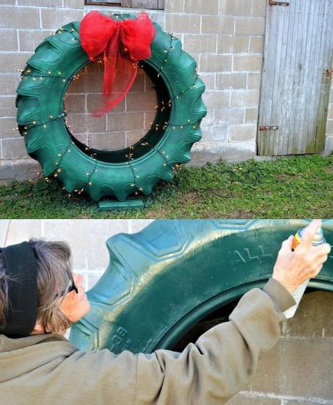 Hillbilly Christmas Wreath | Best Recycled Tire Christmas Decoration Ideas | FarmFoodFamily.com Tire Wreath, Outside Christmas Decorations, Tractor Tire, Tyres Recycle, Christmas Decoration Ideas, Christmas Yard Decorations, Cowboy Christmas, Christmas Parade, Christmas Decorations Diy Outdoor