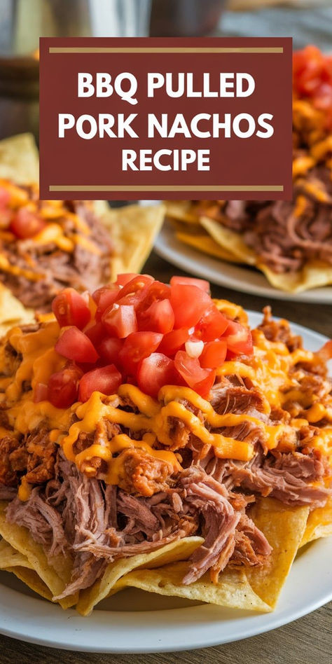 BBQ pulled pork nachos are the ultimate comfort food—crispy chips topped with tangy pulled pork, gooey cheese, and a delicious mix of toppings. Perfect for parties or game day! Pulled Pork For Nachos Crock Pot, Pulled Pork Nacho Bar, Pork Nachos Pulled, Pulled Pork Appetizer Ideas, Bbq Nachos Recipe Pulled Pork, Bbq Pork Nachos, Pulled Pork Ideas, Bbq Nachos Recipe, Pulled Pork Nachos Recipe