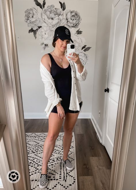 Bike Shorts Romper Outfit, Black Tank Romper Outfit, Shorts One Piece Jumpsuit, How To Style A Unitard Romper, Shorts Bodysuit Romper Outfit, Onesie Shorts Outfit, Bodysuit Romper Outfit Ideas, Black Bodysuit Romper Outfit, Black Shorts Bodysuit Outfit