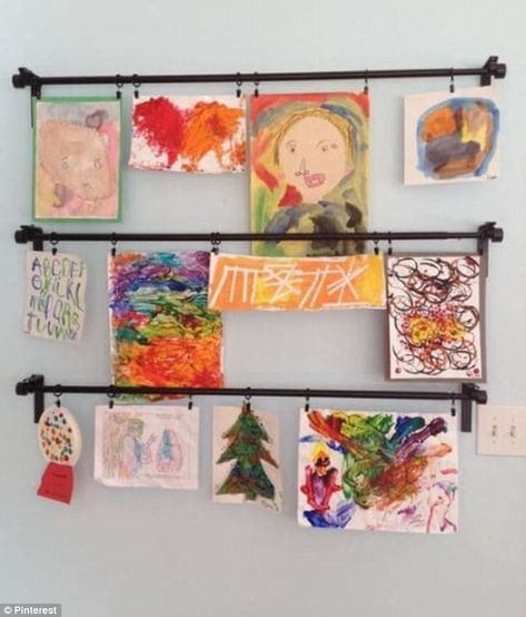 Give your child's bedroom the personal touch by displaying their best artwork on rails on the walls (you never know what they might be worth one day!) Ikea Curtain Rods, Ikea Curtain, Childrens Art Display, Ideas Habitaciones, Hacks Ikea, Art Display Kids, Ikea Curtains, Playroom Organization, Kids Artwork