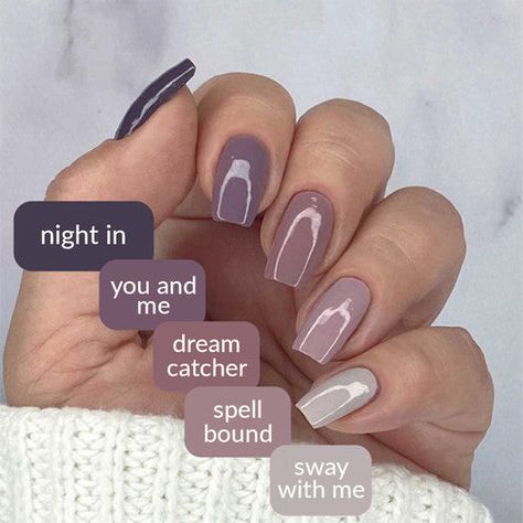 Colors: night in, you and me, dreamcatcher, spellbound, sway with meTop Coat: in a rush 5 Nail polish bottles 13.3 ml - 0.45 fl oz each | ingredients 1 Nail care bottle 13.3 ml - 0.45 fl oz each | ingredients "17-Free" products do not contain: Acetone, Animal-Derived Ingredients, Bisphenol-A, Camphor, Ethyl Tosylamide, Formaldehyde, Formaldehyde Resin, Gluten, Glycol Ether of Series E (Gycol ethers derived from ethylene oxide), Nonylphenol Ethoxylate, Parabens, Phthalates (including DBP), Styren Trendy Nail Polish, Mauve Nails, Opi Nail Colors, Nail Polish Bottles, Colorful Nail Designs, Fall Nail Colors, Dipped Nails, Fabulous Nails, Chic Nails