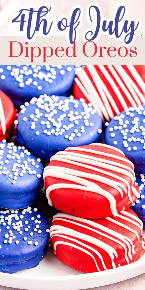 How to Make Festive Oreo Cookies Dipped in Chocolate for 4th of July. Looking for a fun and tasty treat to celebrate the 4th of July? These festive Oreo cookies dipped in chocolate are sure to be a hit at your Independence Day party. Follow our step-by-step guide to learn how to make these delicious patriotic delights. Patriotic oreo cookies | Easy patriotic desserts | Red white blue desserts | 4th of July desserts Oreos Dipped In Chocolate, Red White Blue Desserts, Desserts 4th Of July, Cookies Dipped In Chocolate, 4th July Food, Patriotic Treats, Oreo Cookies Dipped, Chocolate Dipped Cookies, July Desserts