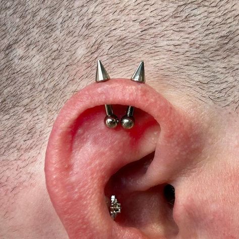 Morgan Mitera | Some 12g vertical helix piercings with spikes for Alison who is wonderful and always is down for something cool. Jewelry from... | Instagram Spike Helix Piercing, Vertical Helix Piercing, Helix Piercings, Piercing Inspo, Daith Piercing, Helix Piercing, Piercing Ideas, Cool Jewelry, Helix