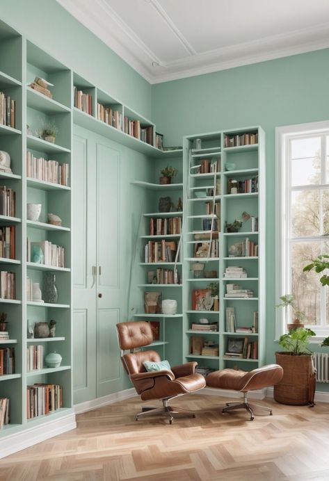 Create a timeless library with 2024's Retro Mint paint! 📚✨ Embrace vintage charm and modern style in your reading sanctuary. Check out the soothing hues now! #LibraryDesign #HomeLibrary #RetroMintPaint #InteriorInspiration #TimelessStyle Mint Paint Colors, Reading Sanctuary, Mint Bedding, Mint Paint, Kitchen Color Palettes, Design Color Trends, Mint Walls, Mint Green Walls, Fall Furniture