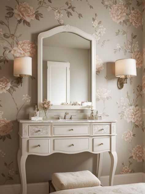 Create a romantic atmosphere in your bedroom by adding a wallpaper accent wall with a delicate floral pattern. Pair it with a vintage-inspired vanity table and soft, dimmable lighting for a truly enchanting space. Vintage Feminine Bedroom, Girl Floral Bedroom, Vanity Table Vintage, Vintage Bedroom Decor, Floral Bedroom, Feminine Bedroom, Deco Studio, Romantic Room, Antique Vanity