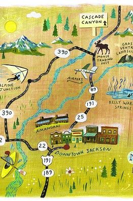 The Ultimate Long Weekend in Jackson Hole, Wyoming | Take Monday Off - WSJ Road Map Design, Wyoming Map, Map Creator, Illustrated Maps, Jackson Wyoming, Travel Infographic, Pictorial Maps, Map Illustration, Framed Map