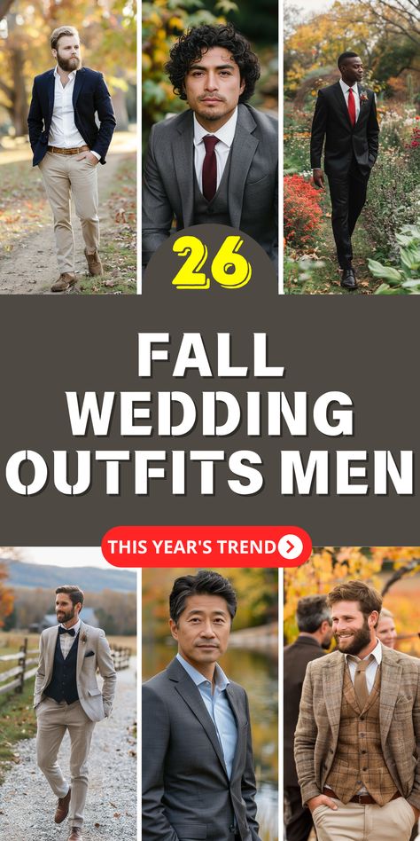 Discover 26 fall wedding outfits men love including guest casual semi formal and country styles Men Suits Wedding Guest, Mens Fall Wedding Attire Guest Casual, Men’s Cocktail Attire Evening, Quince Outfits Men, Wedding Guest Men Outfit Formal, Men Fall Wedding Attire Guest, Men’s Cocktail Attire For Wedding, Men’s Fall Wedding Attire, Fall Wedding Guest Men