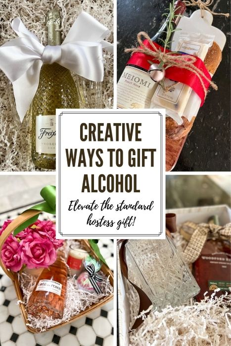 How To Wrap Alcohol Gift, Birthday Wine Basket Gift Ideas, Diy Boozy Christmas Gifts, Wine Hamper Diy Gift Ideas, Secret Santa Wine Gift Ideas, Wine As A Gift Ideas, Booze Basket Ideas Christmas, Alcohol Hostess Gifts, Whiskey Gift Basket Ideas Diy