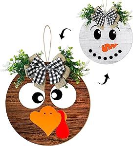 Thanksgiving/Winter Hanging Door Sign, Turkey/Snowman Reversible Door Wreath Hanging Decorations for Front Door Farmhouse Thanksgiving/Winter/Christmas Decorations Indoor Outdoor Green Leaves Decoration, Thanksgiving Door Sign, Winter Christmas Decorations, Thanksgiving Door Decorations, Farmhouse Thanksgiving, Christmas Decorations Indoor, Front Door Farmhouse, Wreath Hanging, Door Farmhouse