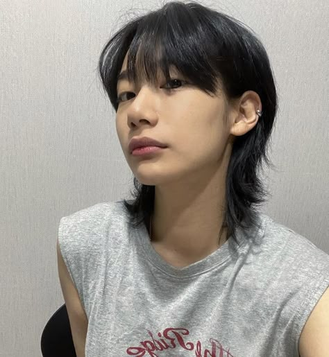 Cute Masculine Haircuts, Mod Hairstyle Men Straight Hair, Wolfcut And Bangs, Masc Wolfcut Straight Hair, Wolfcut Side Part, Japanese Curtain Bangs, Asian Modern Mullet, Gay Mullet Straight Hair, Medium Mullet Haircut